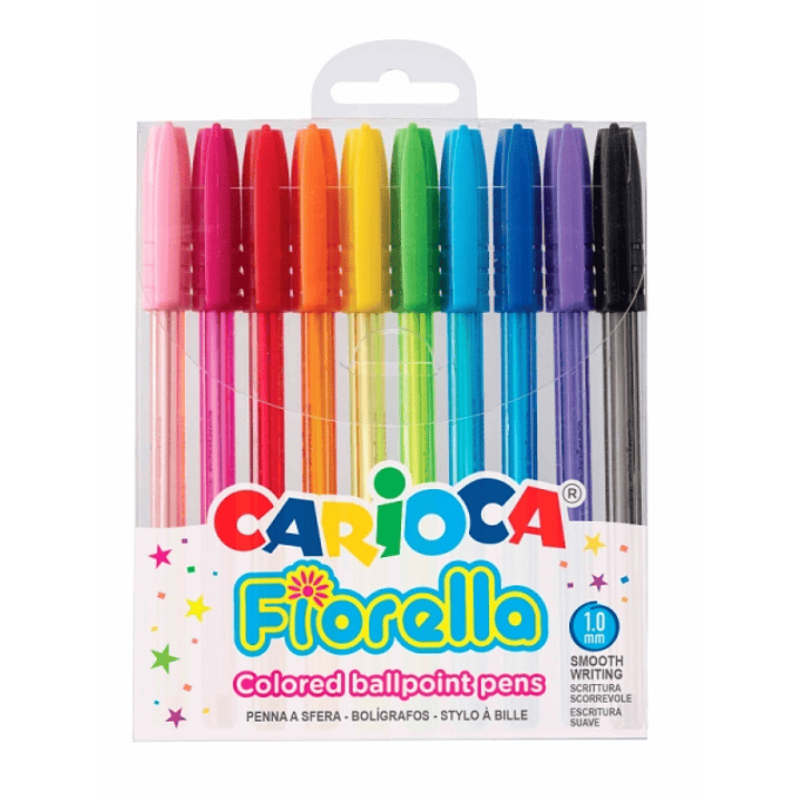 Carioca Fiorella Pack de 10 Boligrafos de Colores Tinta Gel - Punta de Bola 1mm - Cuerpo Transparente Fluo - Colores Surtidos 1