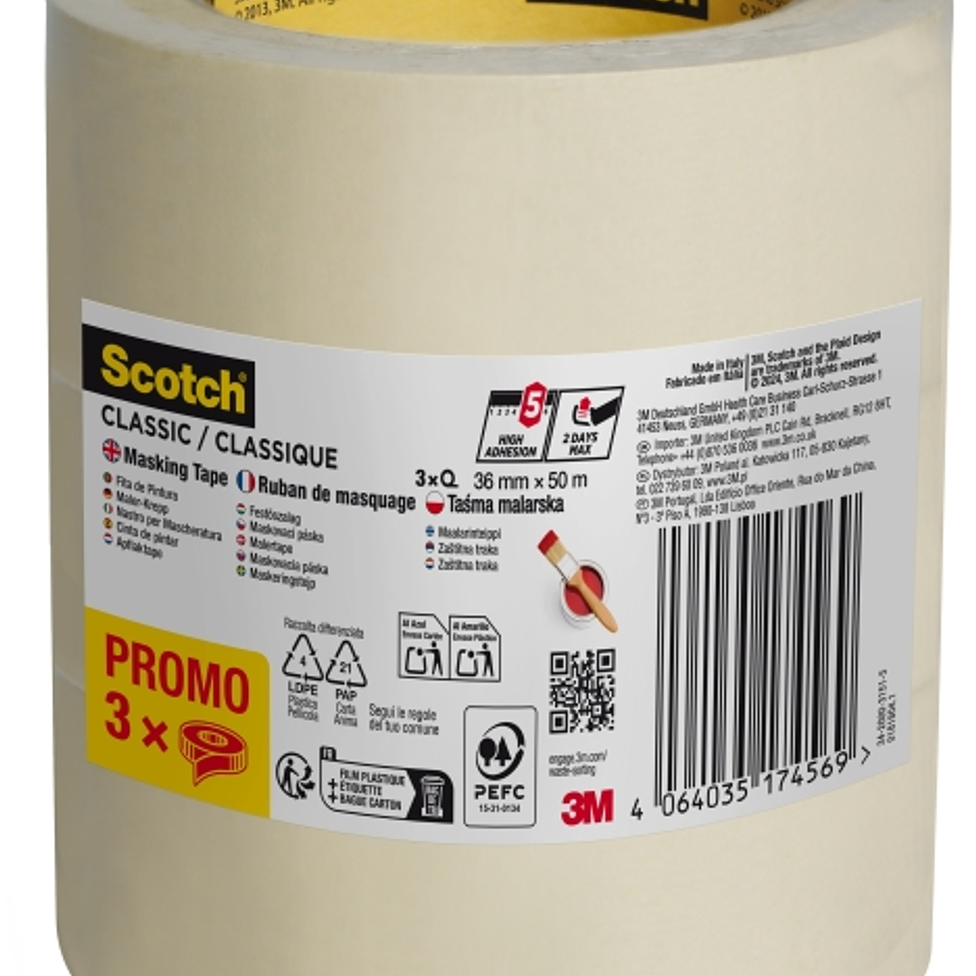 Scotch Classic Cinta de Enmascarar - 36mm x 50m - 70% PEFC - Color Blanco 1