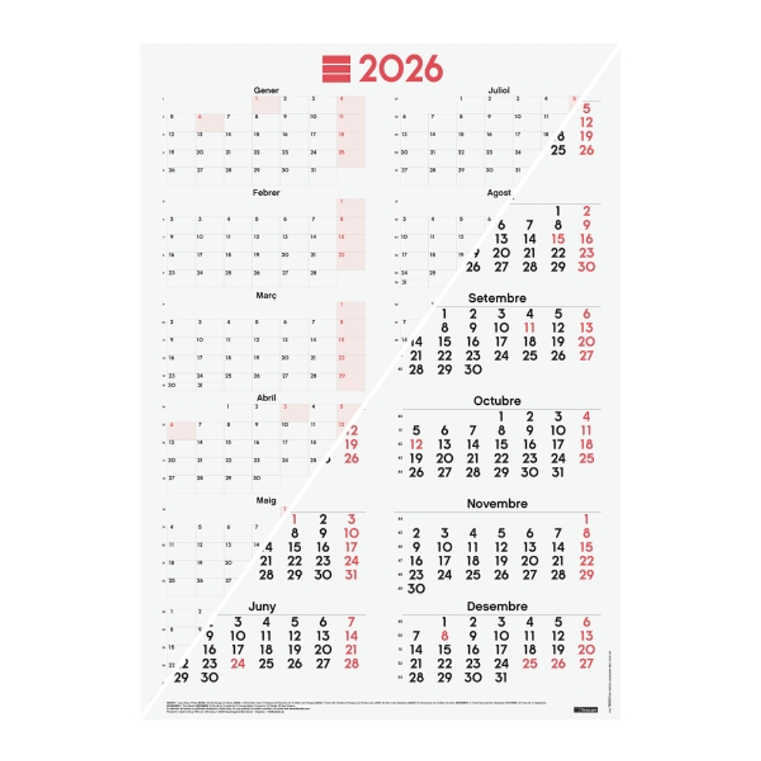 Finocam Poster Calendario Tipo Poster en Catalan - Anual 2026 - Espacio para Escribir - 485x680mm - Numeros Grandes - Color Blanco y Rojo 1