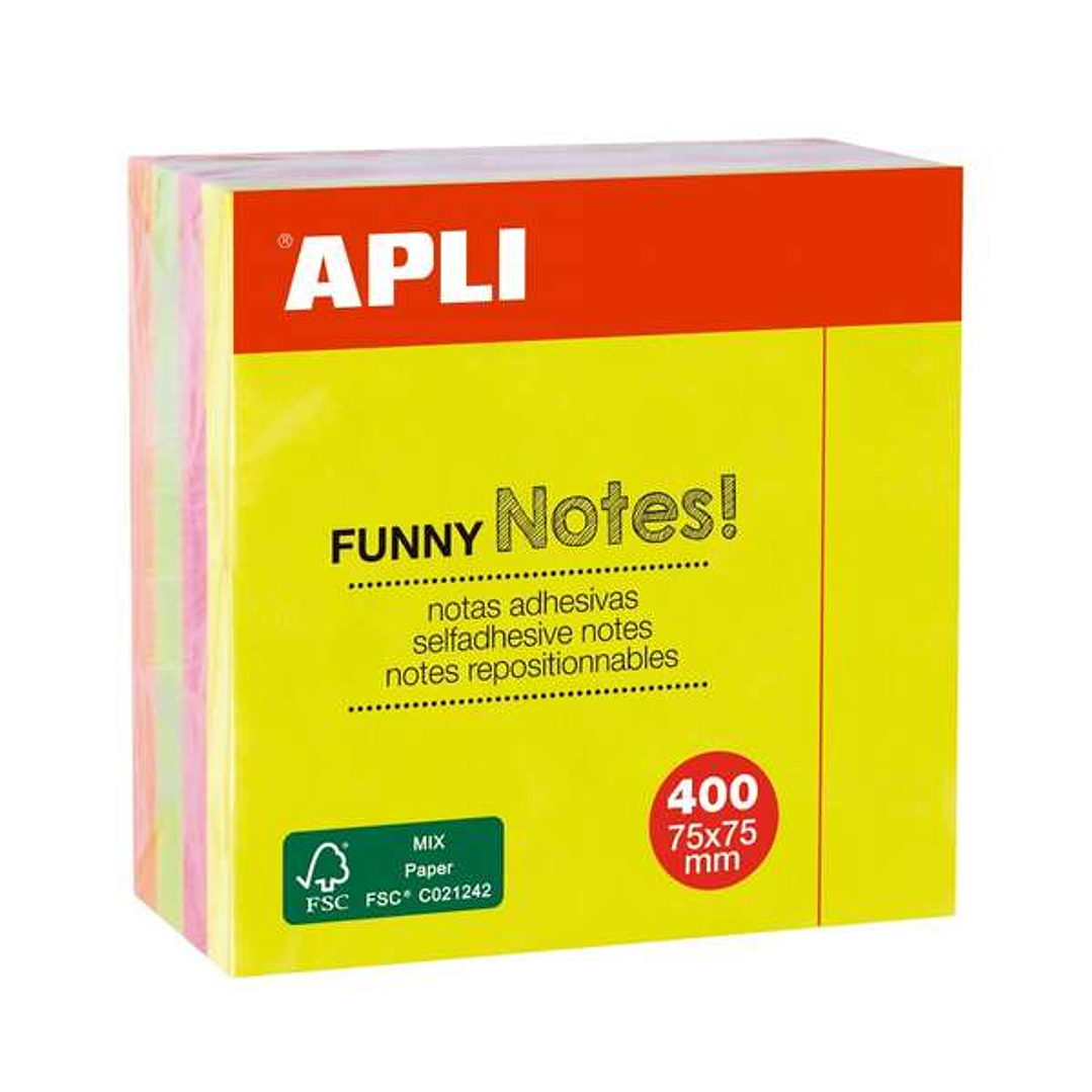Apli Funny Cubo de 400 Notas Adhesivas 75 x 75 mm - Colores Surtidos Fluorescentes 1