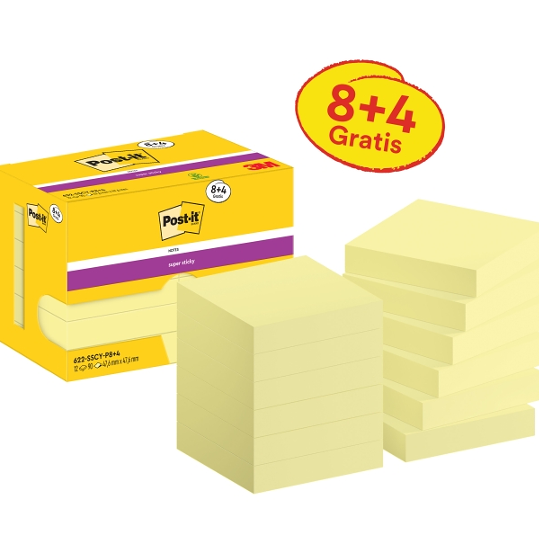 Post-It Super Sticky Pack de 12 Blocs de 90 Notas Adhesivas Reposicionables - 47.6x47.6mm - Promocion 8 Blocs + 4 Gratis - Color Amarillo Claro 1