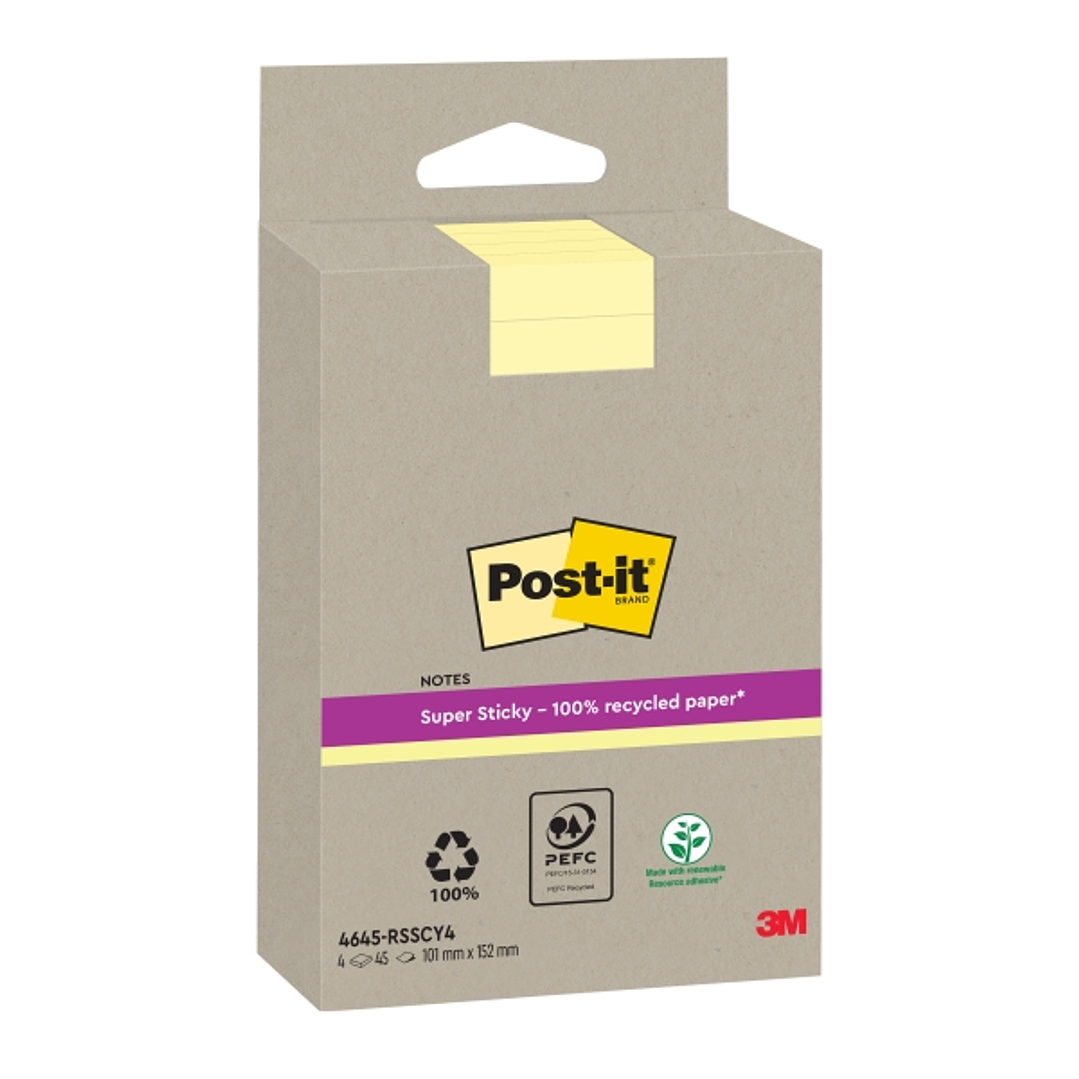 Post-It Super Sticky Pack de 4 Blocs de 45 Notas Adhesivas Recicladas - Forma Rectangular - 102x152mm - Color Amarillo Claro 1