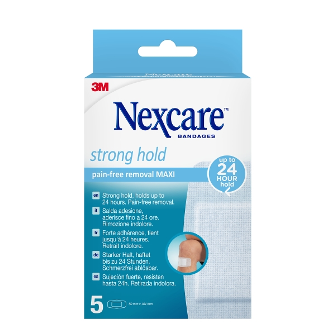 Nexcare Strong Hold Pack de 5 Apositos para Heridas - 50x101mm - Retirada Sin Dolor - Reposicionables - para Pieles Delicadas - Color Blanco 1