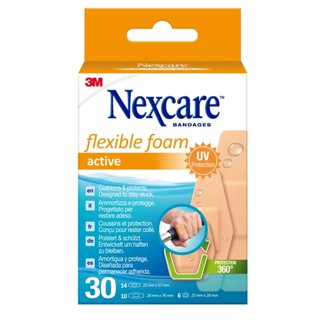 Nexcare Active Flexible Foam Pack de 30 Apositos Surtidos - Transpirable - Resistente al Agua - Color Piel 1