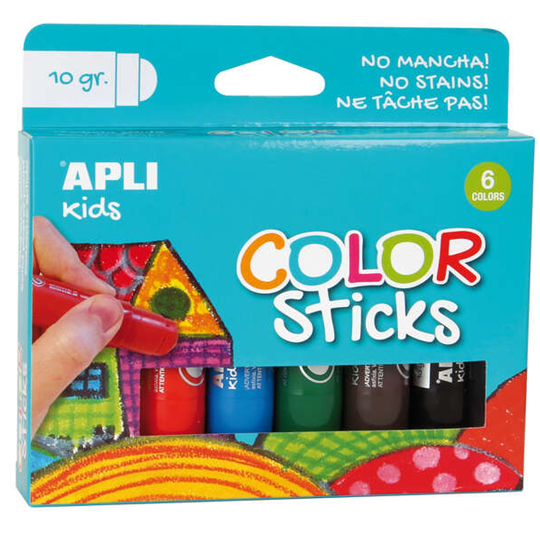 Apli Color Sticks Temperas Solidas - Pack de 6 Unidades de 10g - Acabado Satinado sin Necesidad de Barniz - Secado Rapido en Menos de 3 Minutos - Efec 1