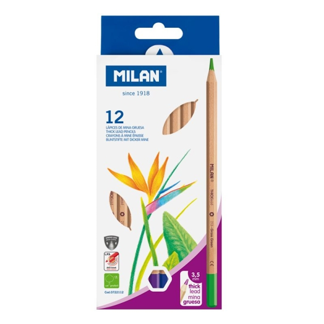 Milan Pack de 12 Lapices Hexagonales de Colores - Mina Gruesa 3.5mm - Resistente a la Rotura - Madera Certificada FSC - Colores Surtidos 1