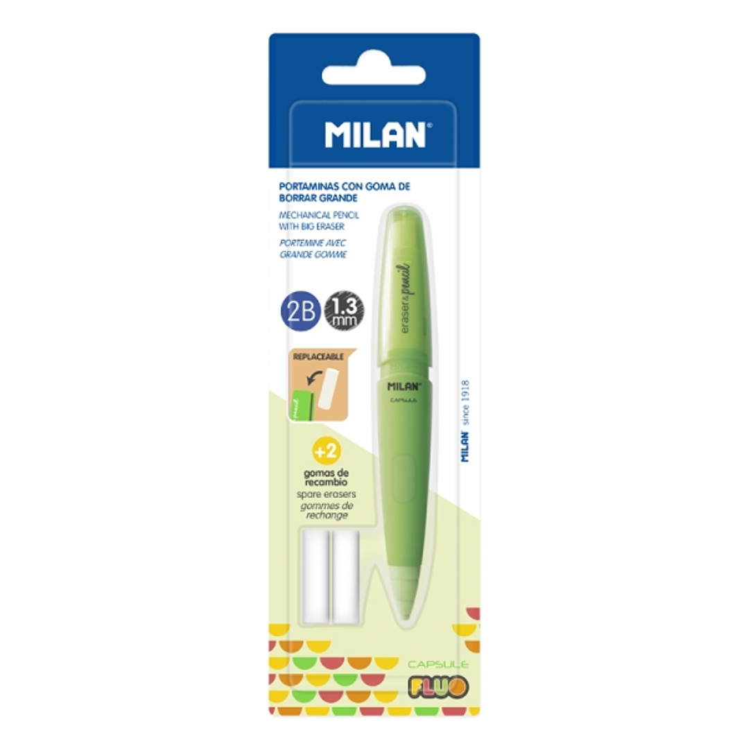 Milan Capsule Fluo Portaminas 1.3mm - Incluye 2 Gomas de Recambio - Colores Surtidos 1