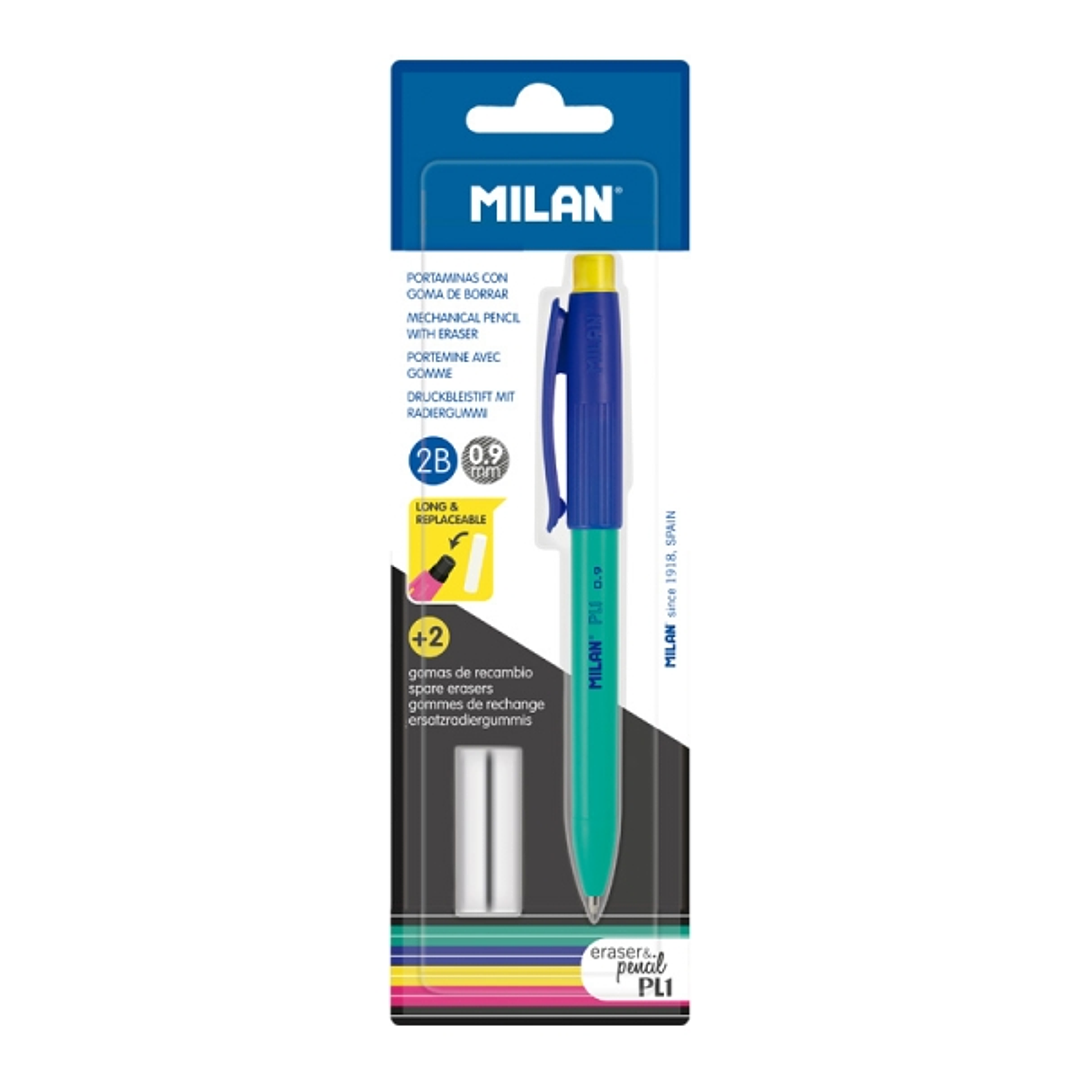 Milan Pl1 Portaminas 0.9mm - Incluye 2 Gomas de Recambio - Colores Surtidos 1