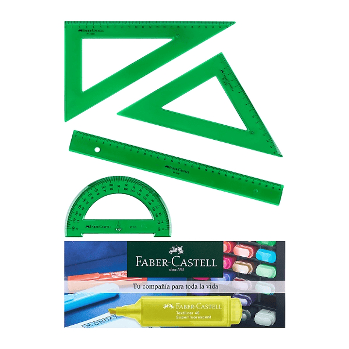 Faber-Castell Pack Escolar de 4 Reglas - Regla Recta - Transportador - Escuadra - Cartabon - Color Verde Tranparente 1