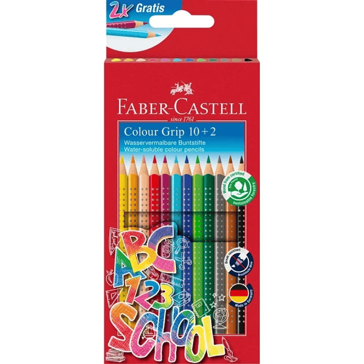 Faber-Castell Colour Grip Pack 10+2 Lapices de Colores Triangulares con Grip de Agarre - Con Espacio para el Nombre - Colores Surtidos 1