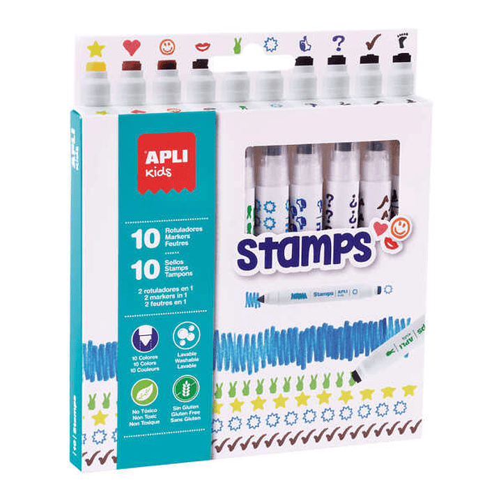 Apli Kids Stamps Pack de 10 Rotuladores con Doble Punta Sello y Rotulador - 10 Colores/Sellos Diferentes - Puntas Bloqueadas de Ø 7.5 mm - Capuchon An 1