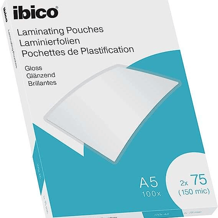 Ibico Caja de 100 Laminas para Plastificar Gloss A5 75 Micras - Acabado Brillante - Plastifica Papel, Fotos, Tarjetas de Visita, Recursos Escolares y  1