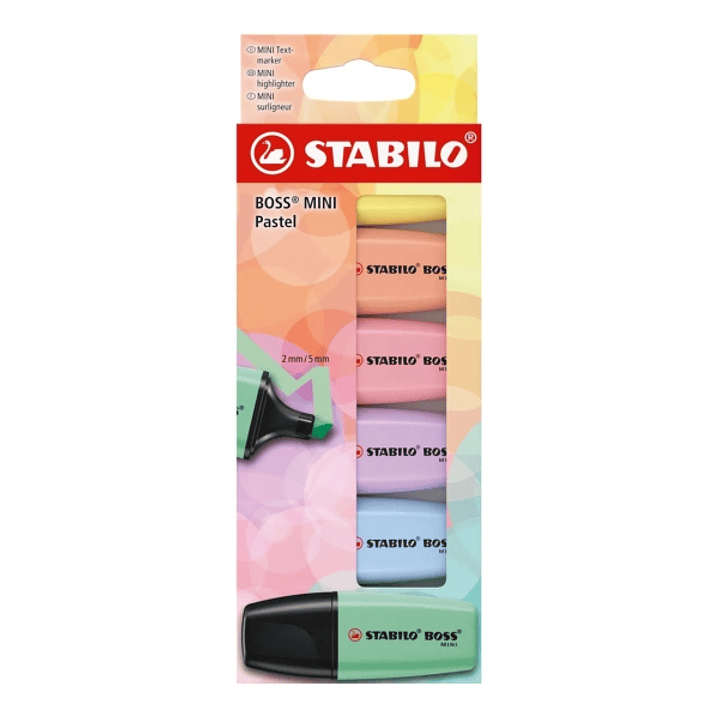 Stabilo Boss Mini Pastel Pack de 6 Marcadores Fluorescentes - Trazo entre 2 y 5mm - Tinta con Base de Agua - Antisecado - Colores Verde, Rosa, Azul, V 1