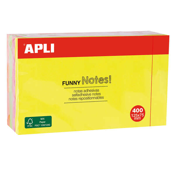 Apli Funny Bloc de 400 Notas Adhesivas Reposicionables 125x75mm - 4 Colores Surtidos (100 Hojas por Color) - Colores Fluor 1