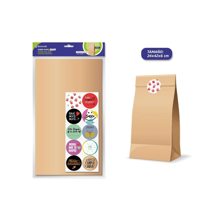 Bismark Pack de 10 Sobres Papel Kraft 50grs con 10 Pegatinas para Cierre - Medidas 24x42x6cm - Ideal para Regalos - Color Marron Kraft 1