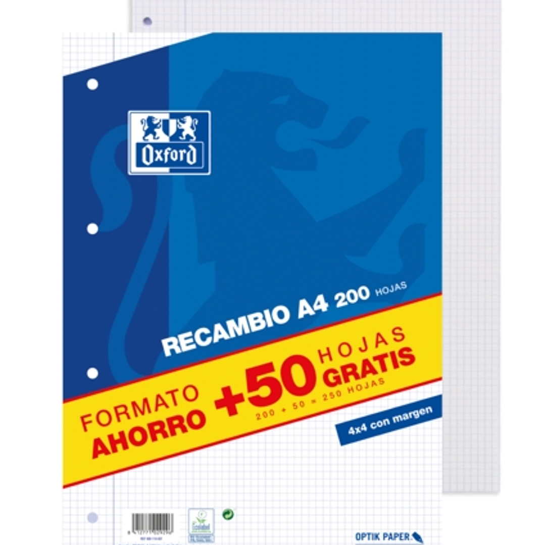 Oxford School Classic A4 Recambio - Paquete 4x4 con Margen - 200 Hojas + 50 Hojas Gratis 1