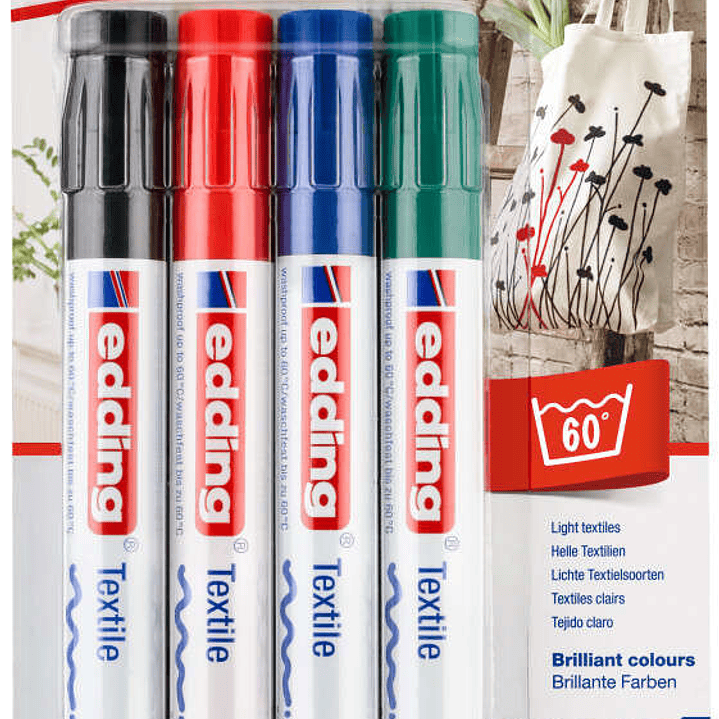 Edding 4500 Pack de 4 Rotuladores Permanentes para Textil - Punta Redonda - Trazo 2-3mm - Olor Neutro - Secado Rapido - Colores Negro, Verde, Rojo y A 1