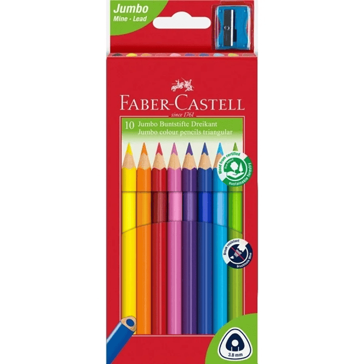 Faber-Castell Jumbo Junior Pack de 10 Lapices de Colores Triangulares + Sacapuntas - Mina Resistente a la Rotura - Lavable - Colores Surtidos 1