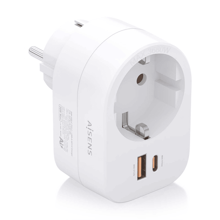 Aisens Regleta de Pared Multifuncion con 1 Toma + 1xUSB-C 20W PD3.0 - 1xUSB-A 20W QC3.0 - Color Blanco 1