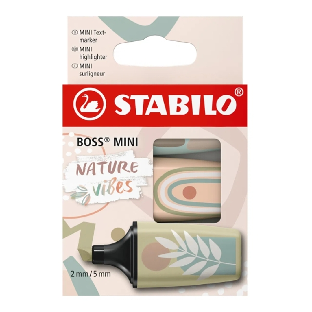 Stabilo Boss Mini Naturevibes Pack de 3 Marcadores Fluorescentes - Trazo entre 2 y 5mm - Tinta con Base de Agua - Antisecado - Colores Verde Barro, Ve 1