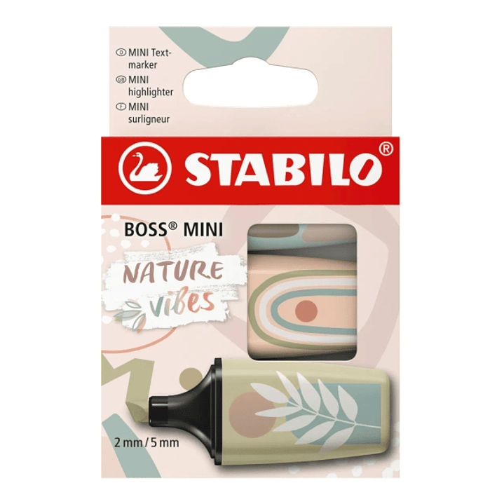 Stabilo Boss Mini Naturevibes Pack de 3 Marcadores Fluorescentes - Trazo entre 2 y 5mm - Tinta con Base de Agua - Antisecado - Colores Verde Barro, Ve 1