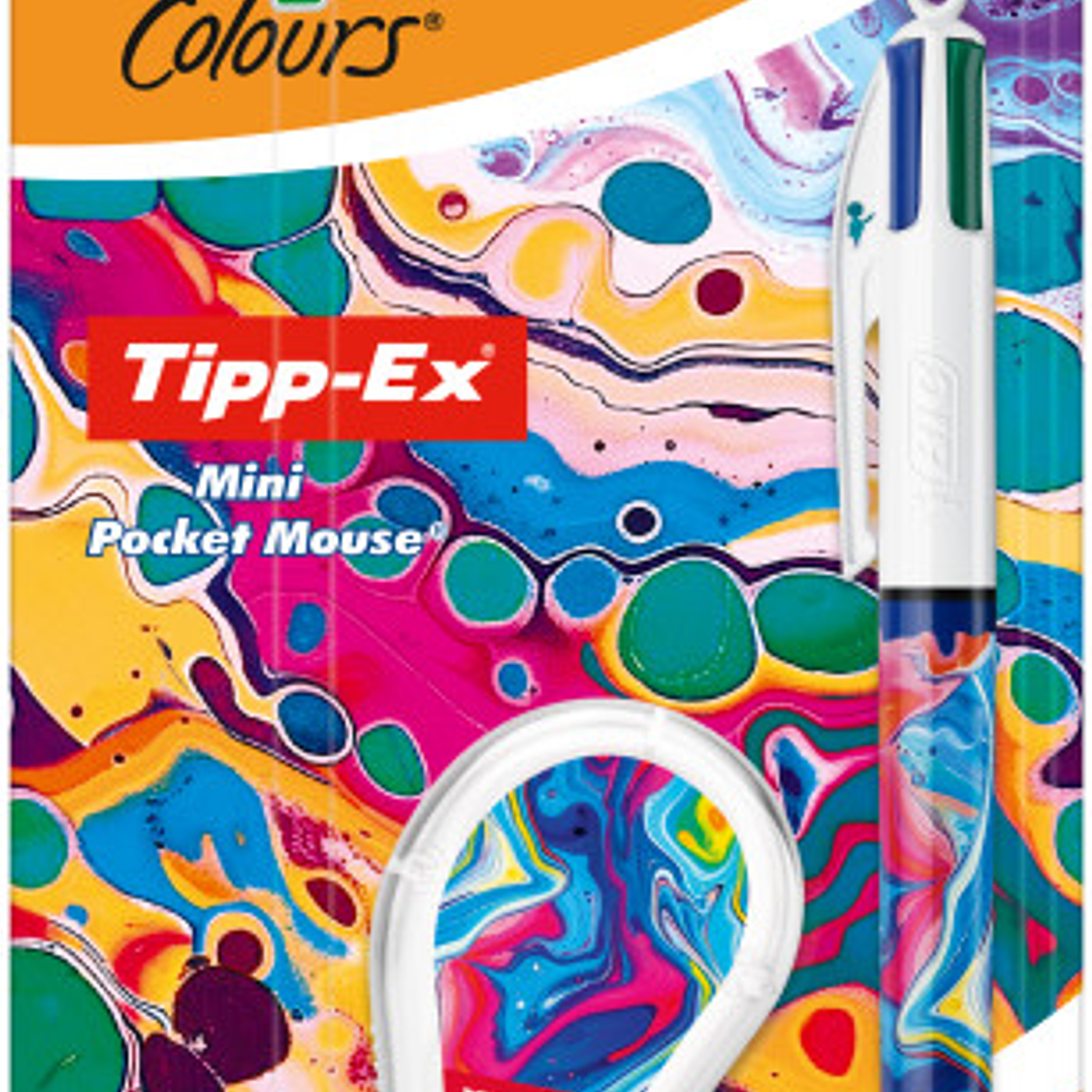 Bic 4 Colours Decors Hydro Pack de 1 Boligrafo de Bola Retractil + Corrector Pocket Mouse 5mmx6m - Punta Media de 1.0mm - Tinta con Base de Aceite - 4 1