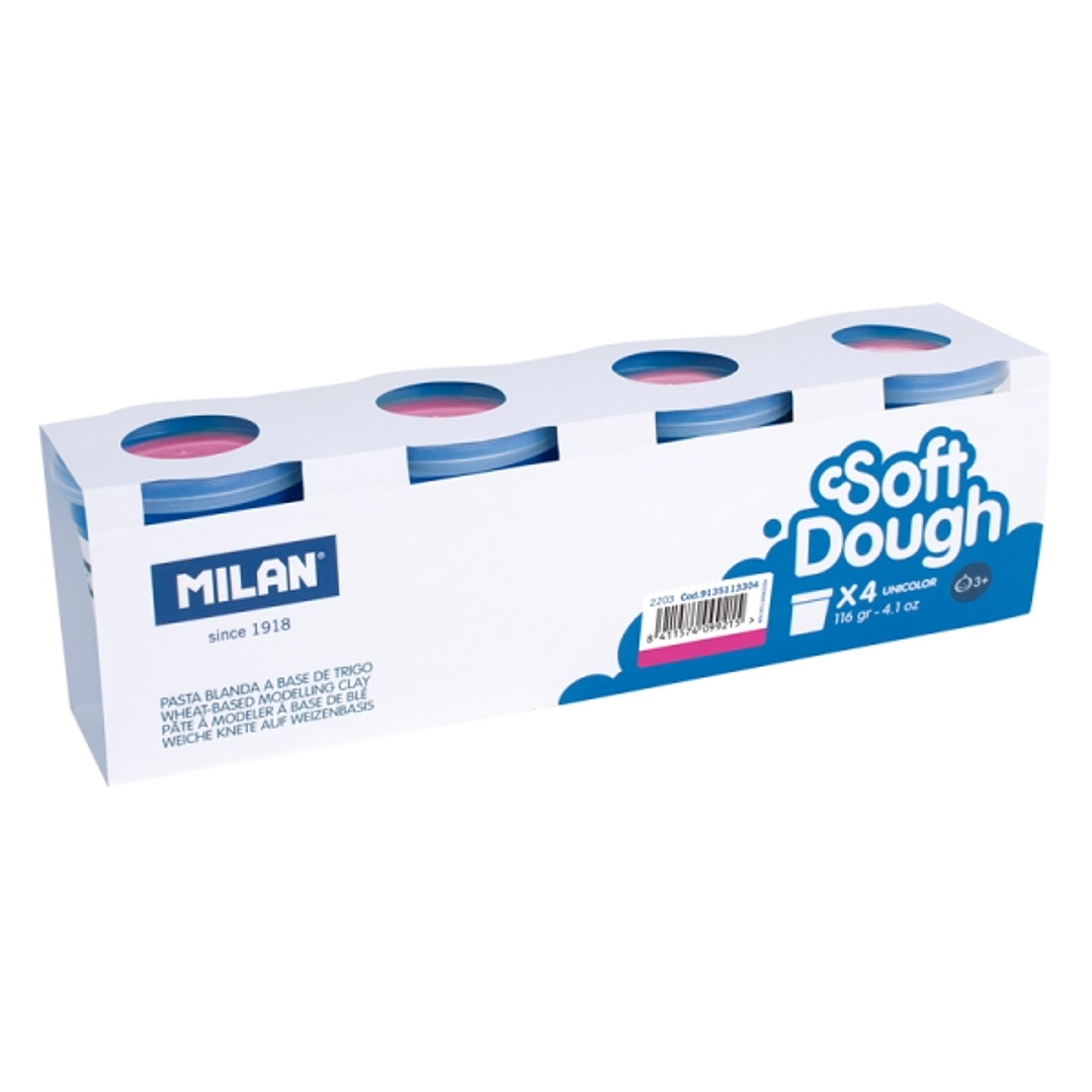 Milan Soft Dough Pack de 4 Botes de Pasta Blanda - 100% Vegetal - Moldeable - Sin Residuos - Colores Mezclables - 116g por Unidad - Color Rosa 1