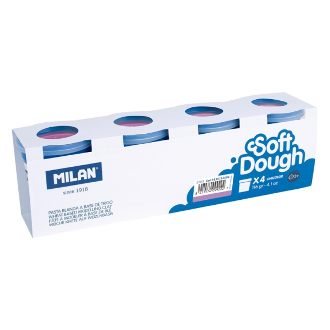 Milan Soft Dough Pack de 4 Botes de Pasta Blanda - 100% Vegetal - Moldeable - Sin Residuos - Colores Mezclables - 116g por Unidad - Color Violeta 1