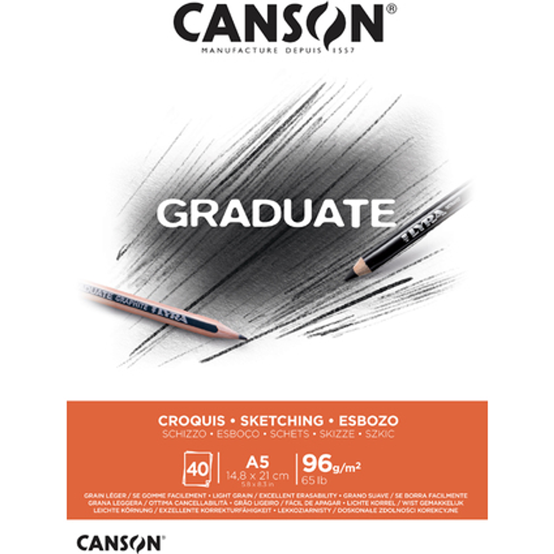 Canson Graduate Sketch Bloc Encolado de 40 Hojas A5 - 96g - Grano Fino - Color Blanco 1