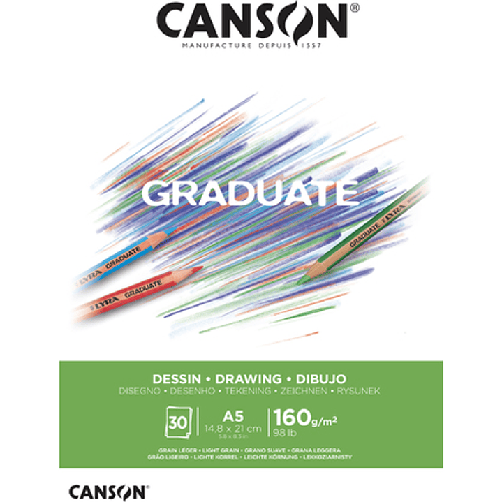 Canson Graduate Dibujo Bloc Encolado de 30 Hojas A5 - 160g - Grano Fino - Color Blanco Natural 1