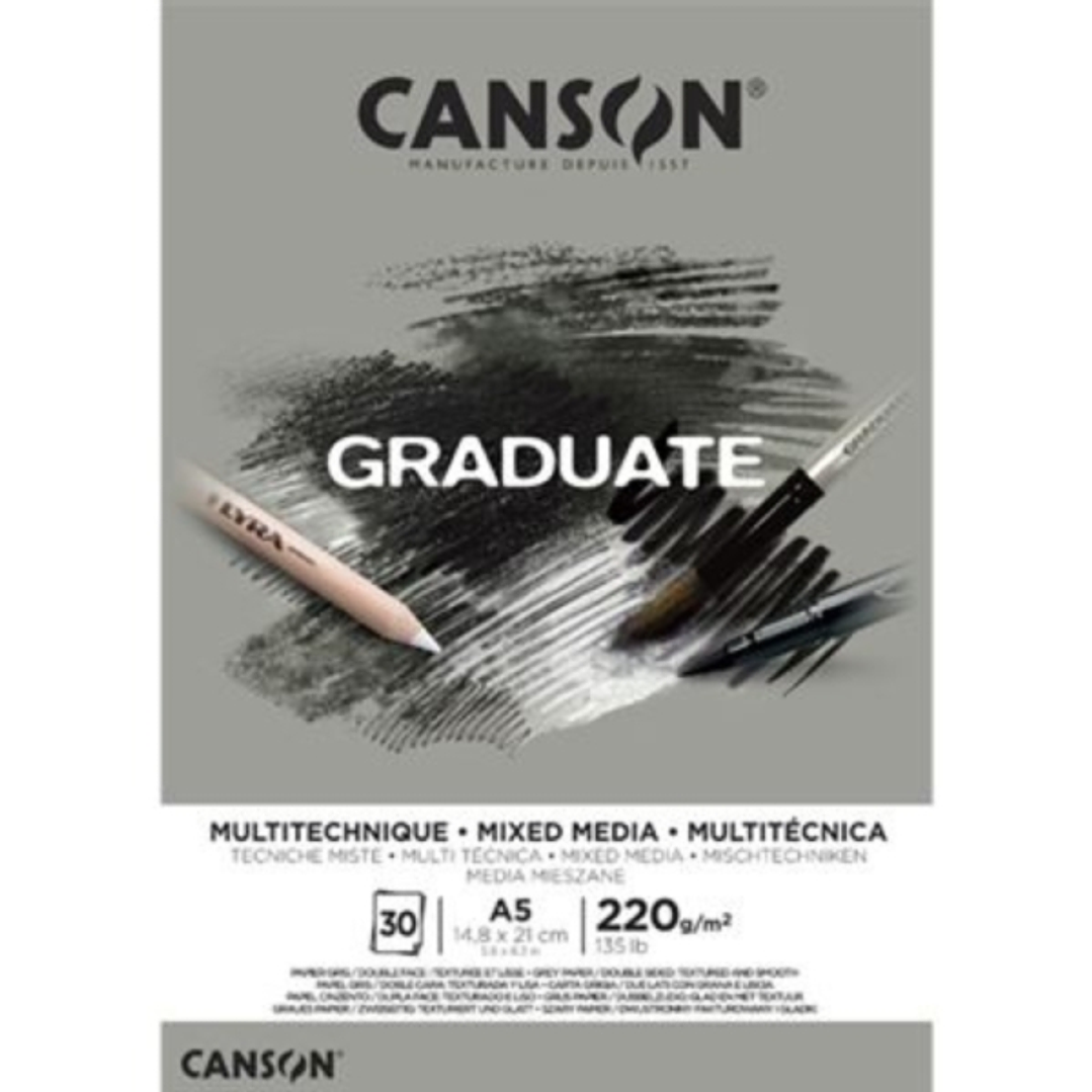 Canson Graduate Mix Media Bloc Encolado de 30 Hojas A5 - 220g - Grano Fino - Color Gris 1