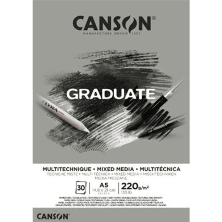 Canson Graduate Mix Media Bloc Encolado de 30 Hojas A5 - 220g - Grano Fino - Color Gris 1