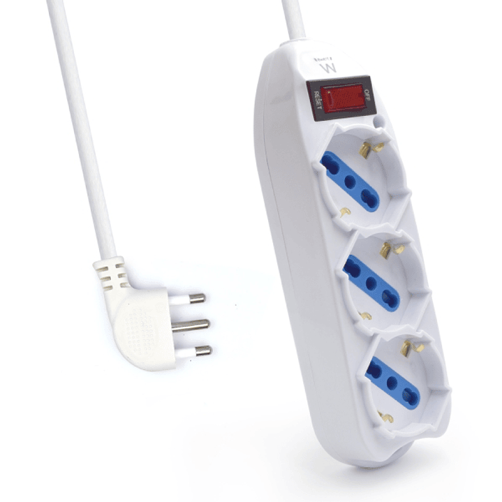 Ewent Regleta con 3 Tomas Tipo L/F (Schuko) de 10/16A - Interruptor On/Off - Enchufe Italiano Plano en Angulo - Cable de 1.5m - Color Blanco 1
