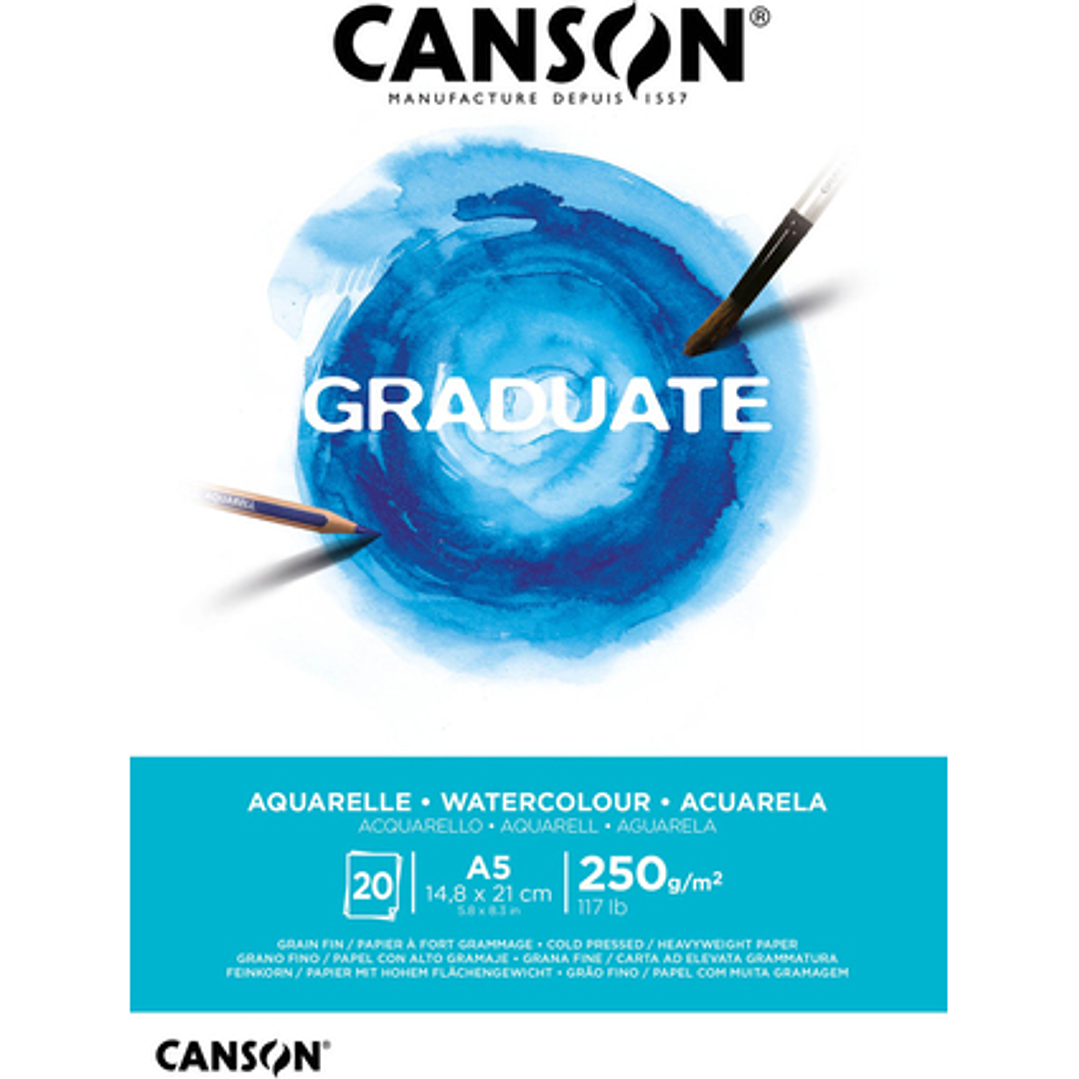 Canson Graduate Acuarela Bloc Encolado de 20 Hojas A5 - 250g - Grano Fino - Color Blanco 1
