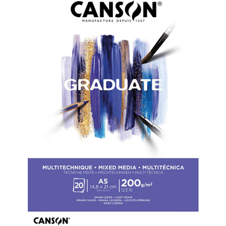 Canson Graduate Mix Media Bloc Encolado de 20 Hojas A5 de 200g - Grano Fino - Color Blanco 1