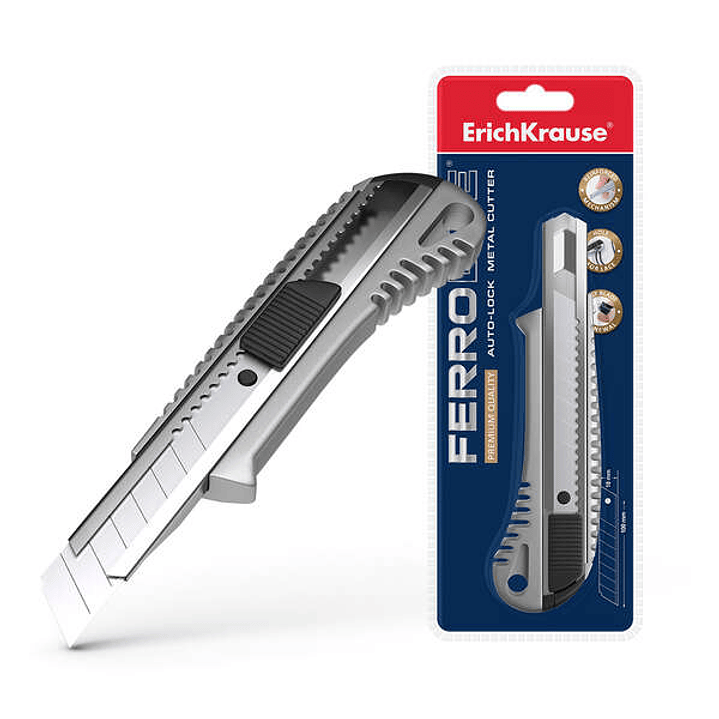 Erichkrause Cuter Metalico con Fijador Automatico - Sistema de Retencion de Cuchilla de Autobloqueo - Partidor Incorporado - Color Plateado 1
