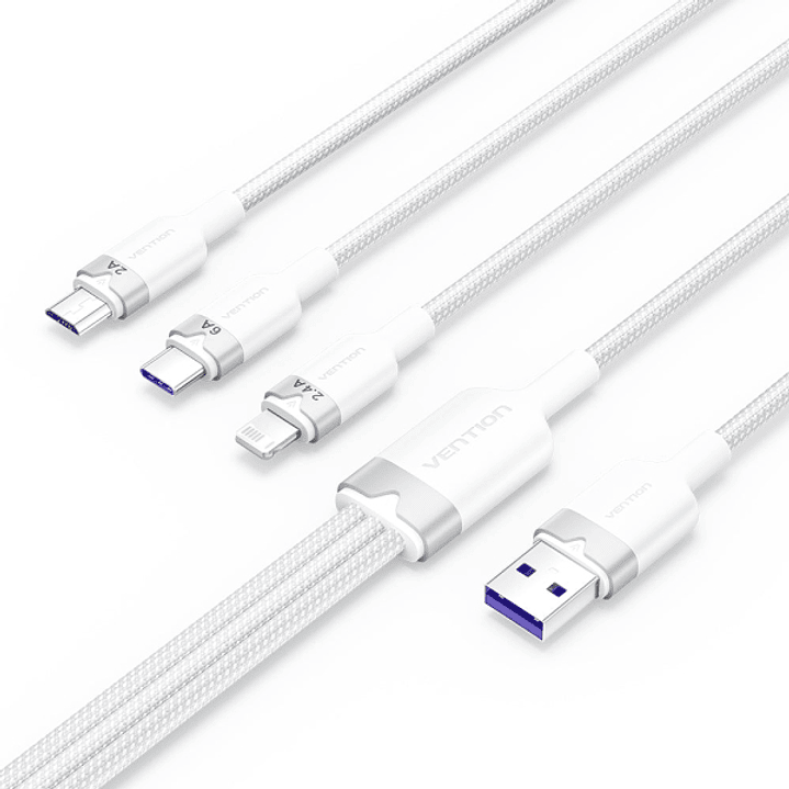 Vention Cable USB-A 2.0 a USB-C, Lightning, Micro-B 6A - 1.5m - Trenzado - Color Blanco 1