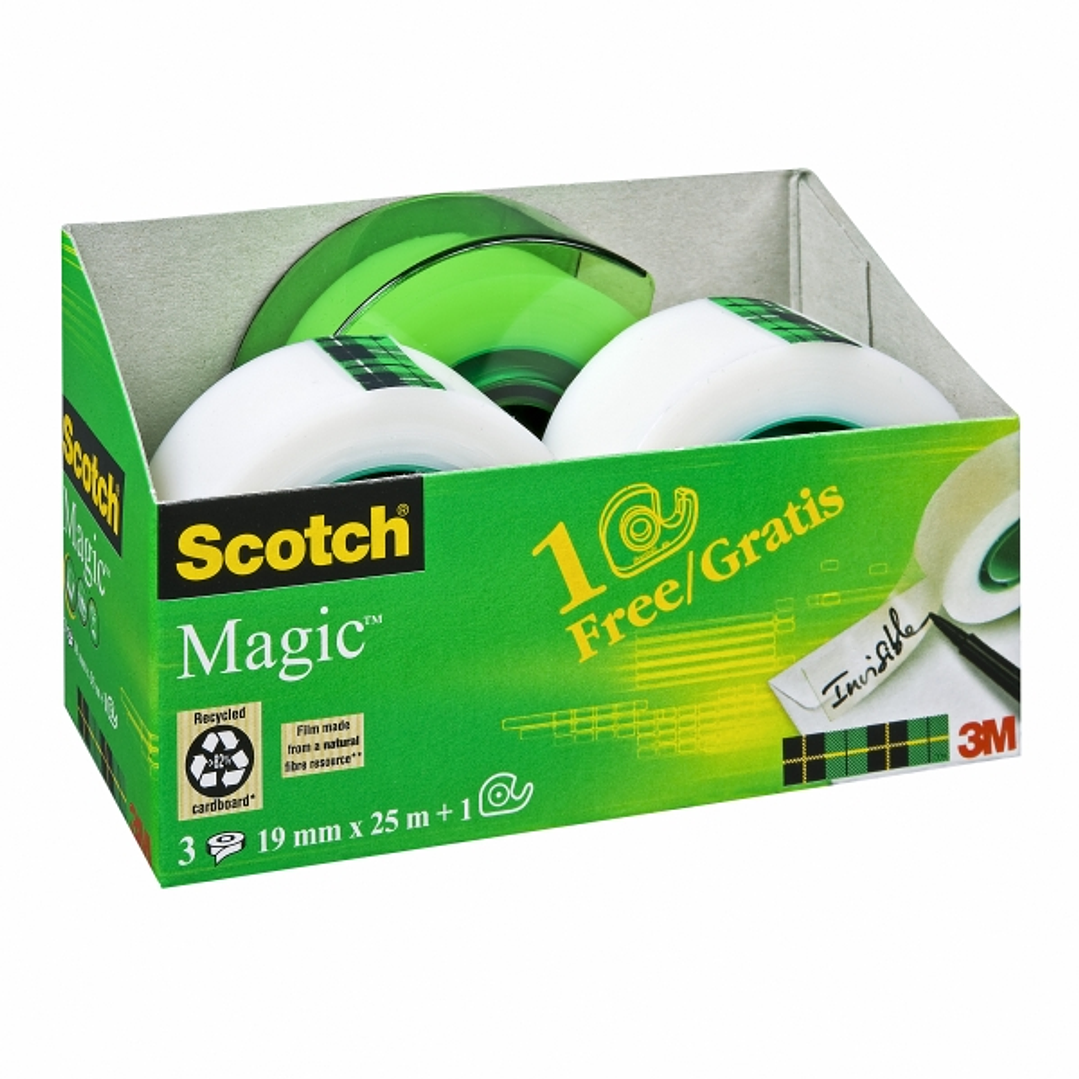 Scotch Magic Pack de 3 Cintas Adhesivas Invisible - 19mm x 25m - Dispensador Gratis - Color Transparente 1