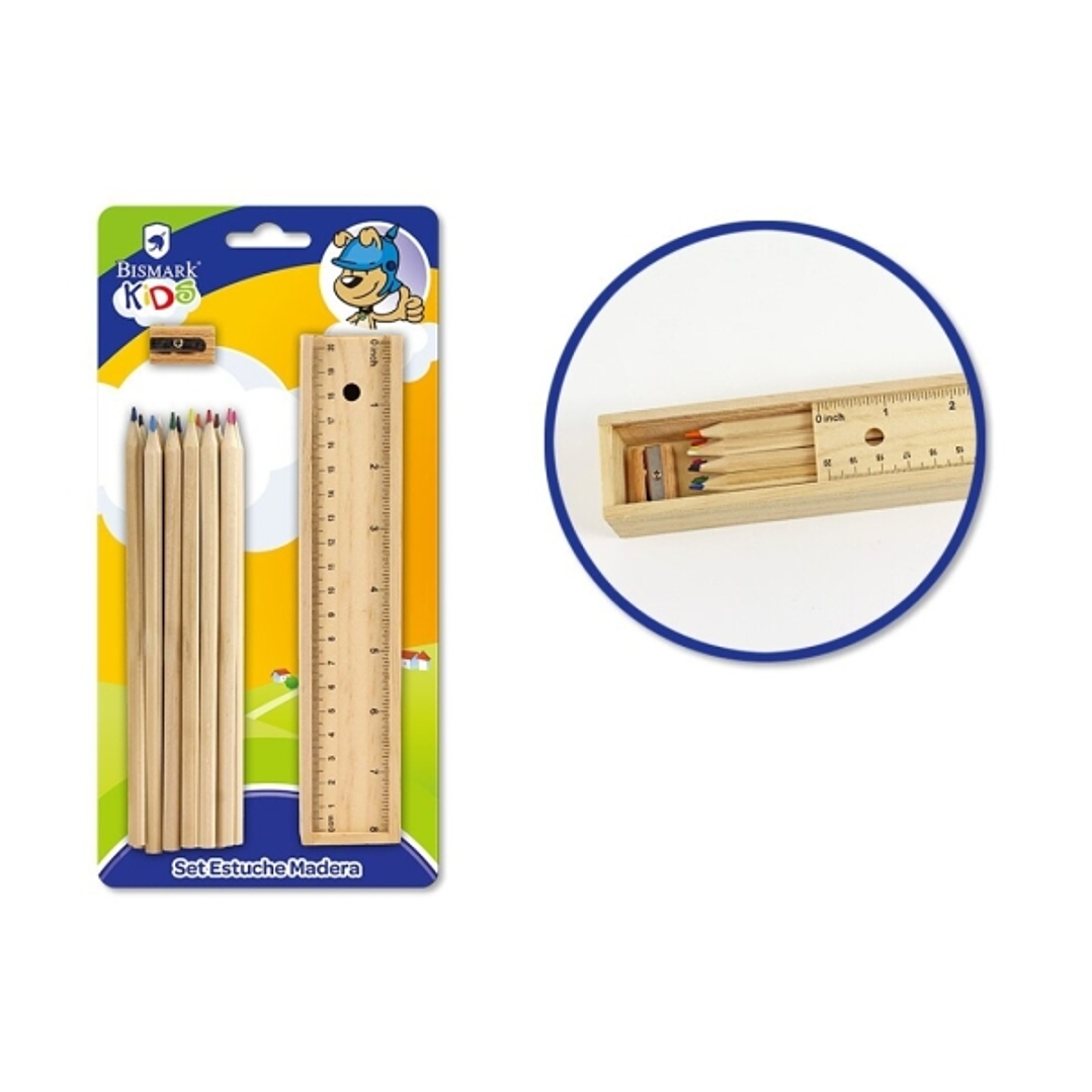 Bismark Pack Escolar con Estuche de Madera con Tapa Regla, 12 Lapices de Colores y Sacapuntas 1