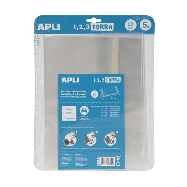 Apli Pack de 5 Forros para Libros 300mm de Polipropileno 75 micras - Solapa Autoajustable - Facil Forrado en 3 Pasos - Sin Necesidad de Cortar ni Usar 1