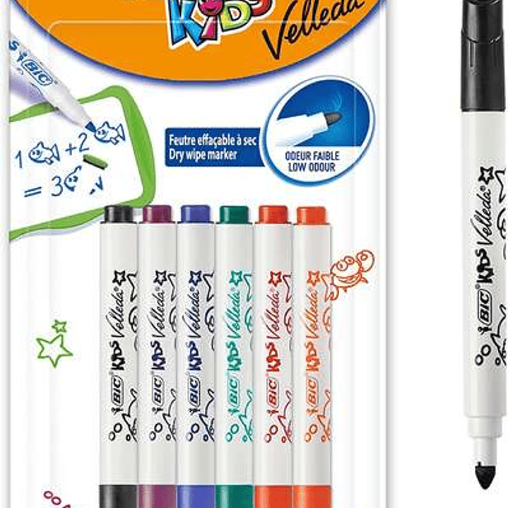 Bic Kids Mini Velleda Pack de 6 Rotuladores para Pizarra - Punta Bloqueada - Tinta con Base de Alcohol - Borrado Optimo - Colores Surtidos 1