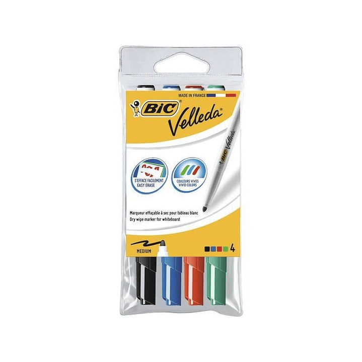 Bic Velleda 1741 Pack de 4 Rotuladores para Pizarra - Punta Media - Trazo de 1.4mm - Borrado Optimo - Colores Surtidos 1