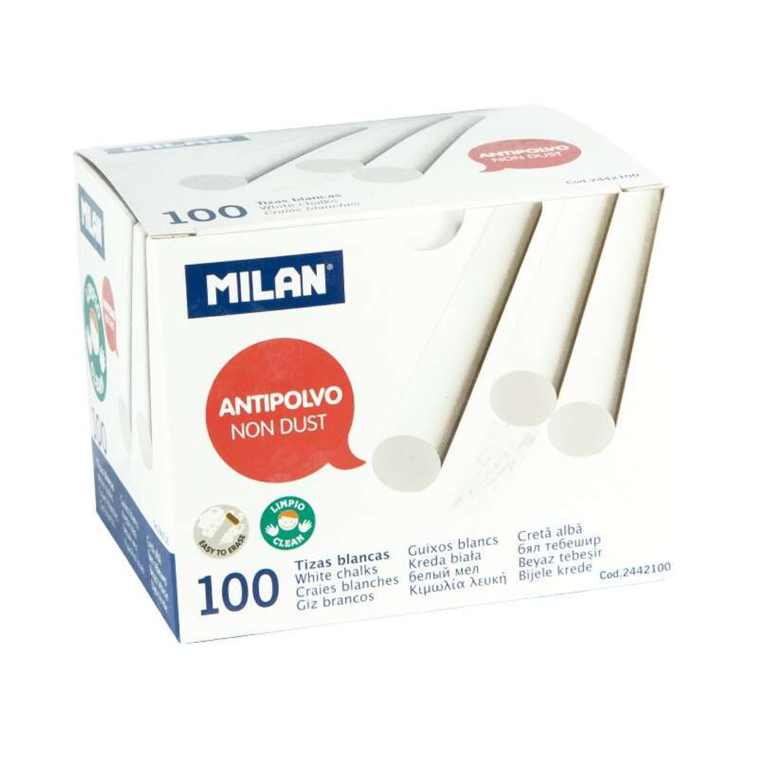 Milan Pack de 100 Tizas - Redondas - Antipolvo - No Contienen Caseina ni Yeso - Color Blanco 1