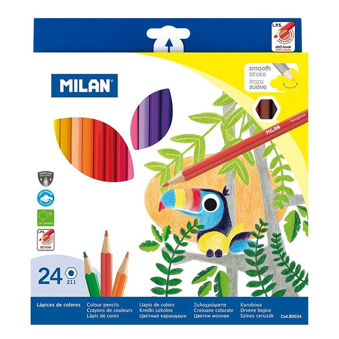 Milan Pack de 24 Lapices Hexagonales de Colores - Mina 2.9mm - Trazo Uniforme - Resistente a la Rotura - Colores Surtidos 1