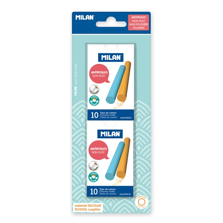 Milan Pack de 2 Cajas con 10 Tizas de Colores - Carbonato de Calcio - Redondas - Antipolvo - No Contienen Caseina Ni Yeso - Colores Surtidos 1