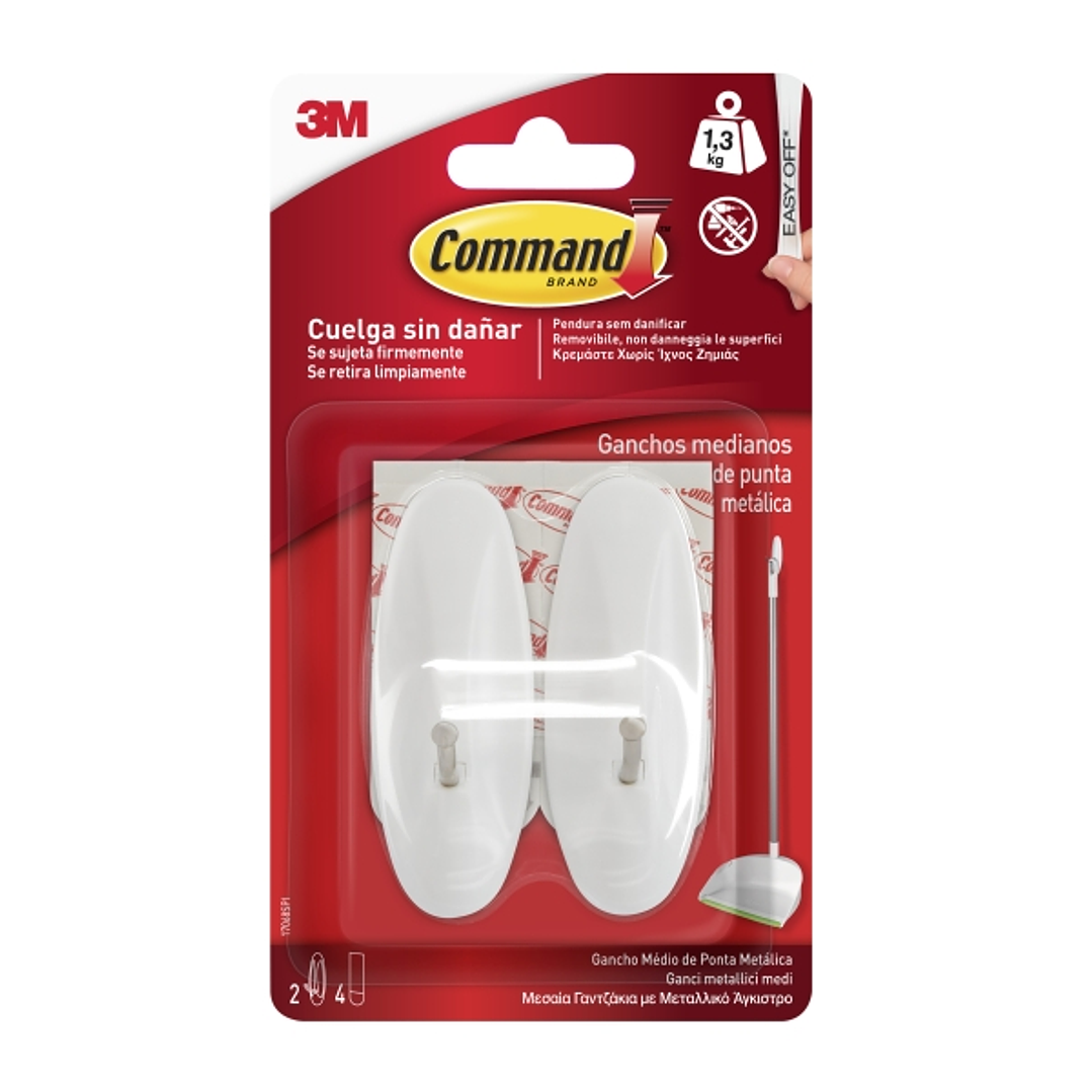 Command Pack de 2 Ganchos Medianos - Punta de Alambre - 4 Tiras Adhesivas - Soporta hasta 1.3kg - Color Blanco 1