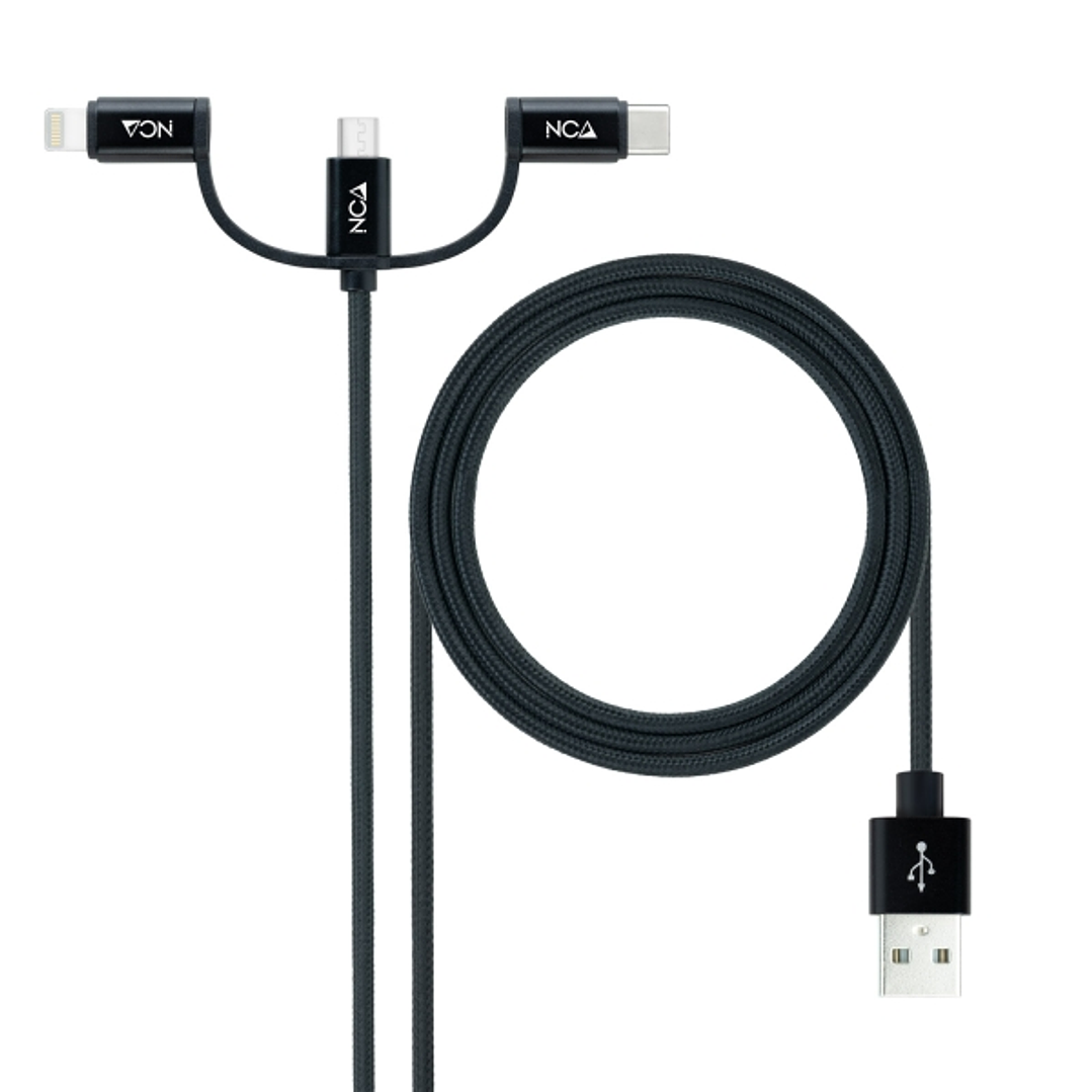Nanocable Cable USB-A 2.0 Macho a USB-C, MicroUSB, Lightning Macho 1m - Color Negro 1