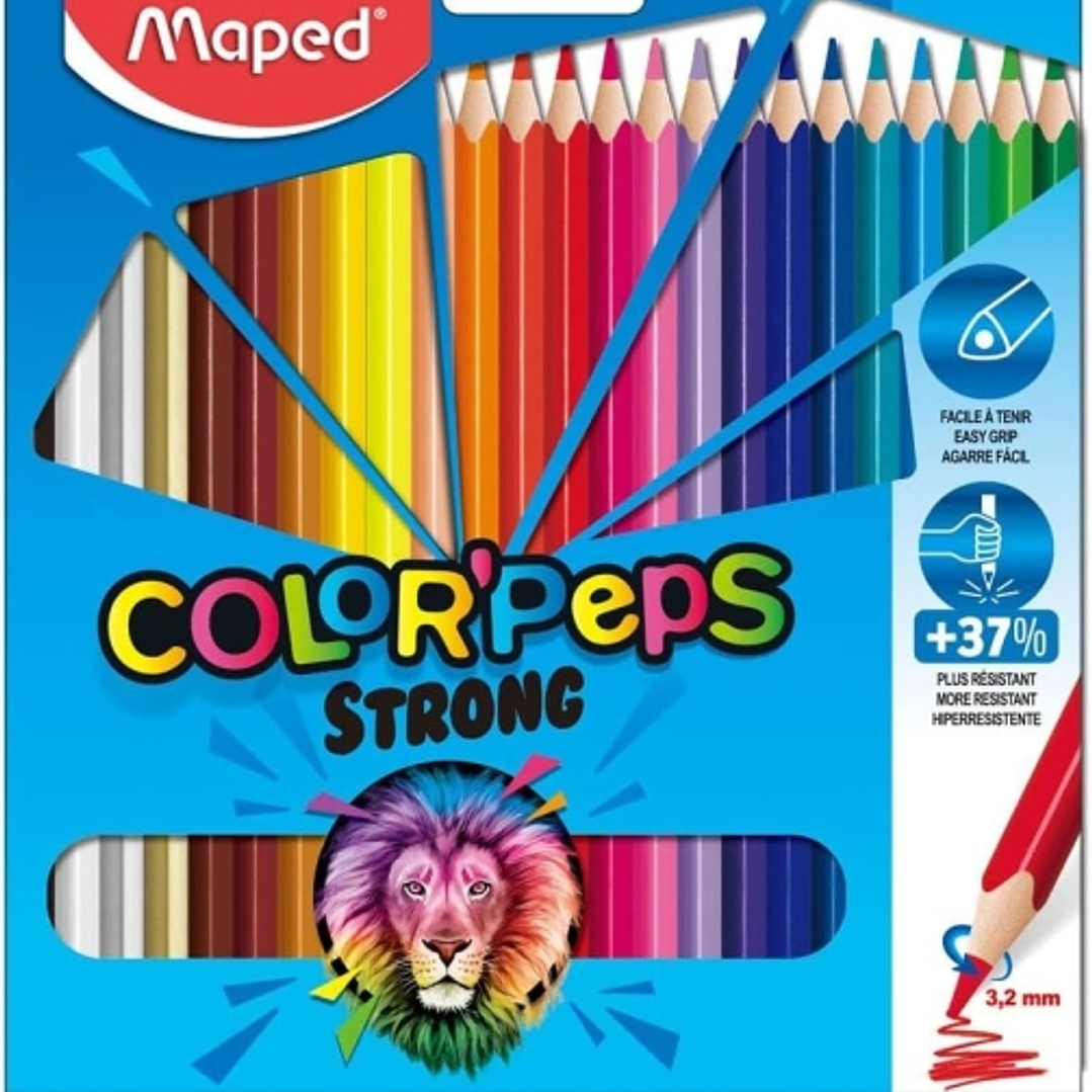 Maped Color´Peps Strong Pack de 24 Lapices Triangulares de Colores - Mina 3,2mm - Sin Madera - Punta Ultra Resistente - Colores Surtidos 1