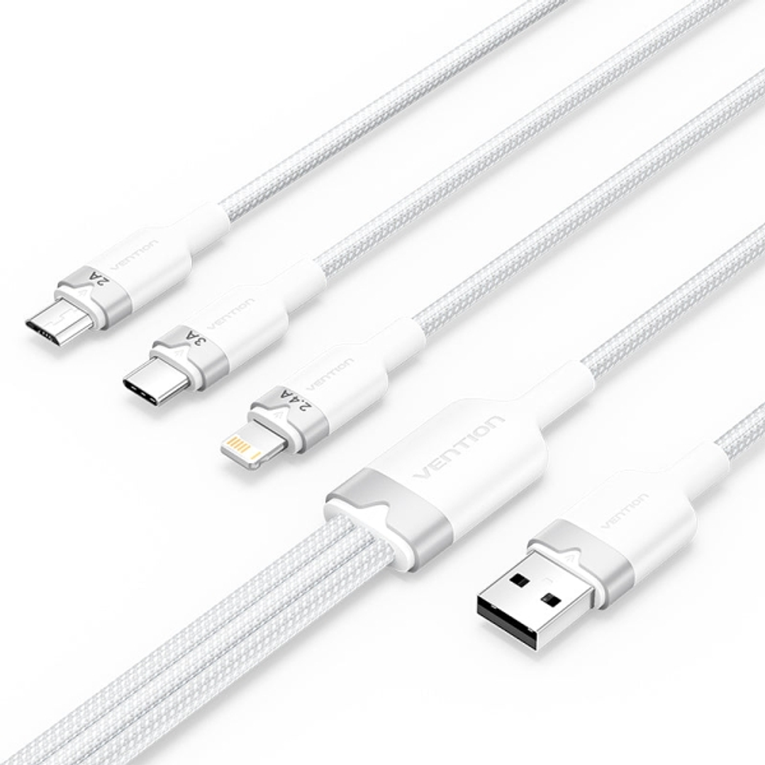 Vention Cable USB-A 2.0 a USB-C, Lightning, Micro-B 3A - 1.5m - Trenzado - Color Blanco 1