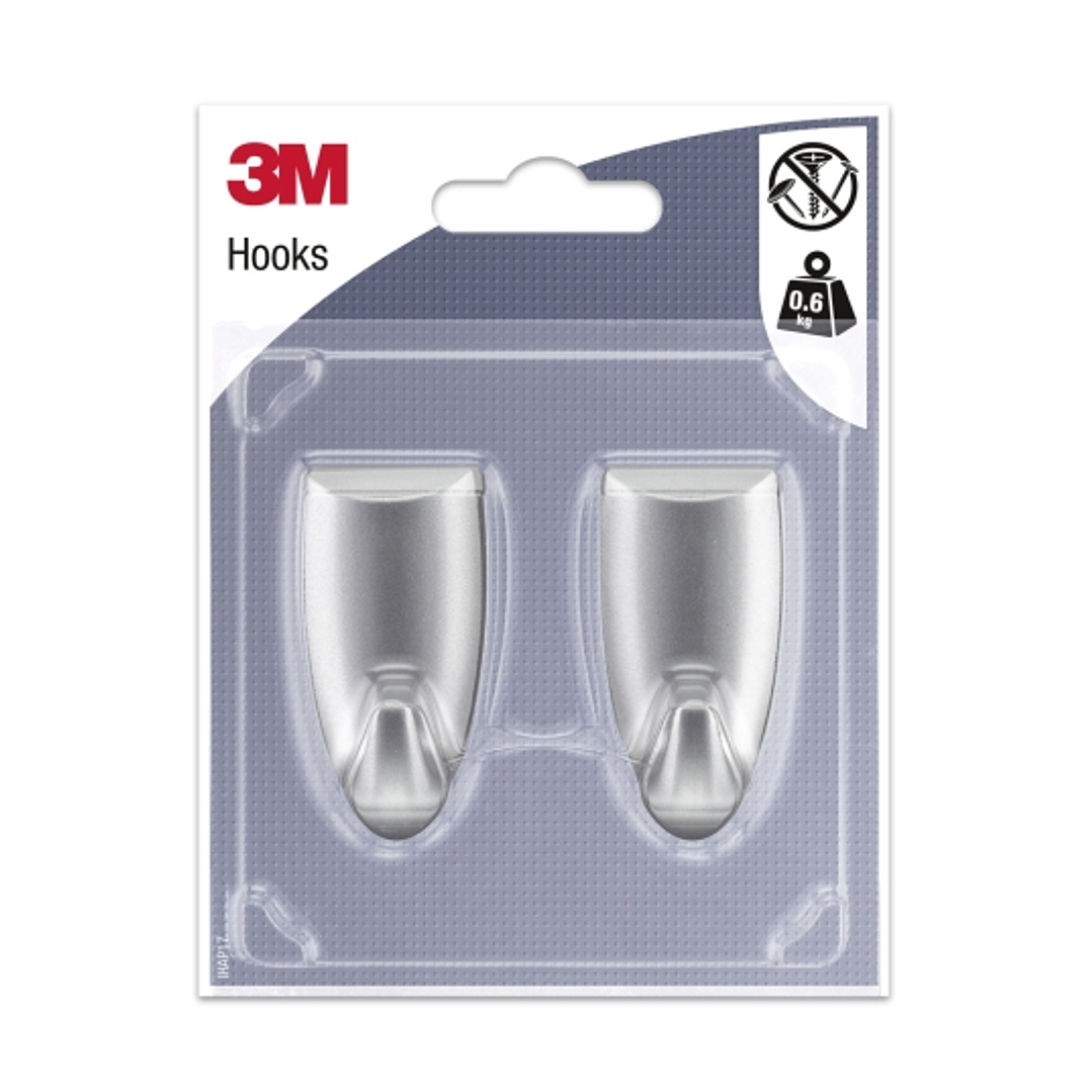 3M Pack de 2 Ganchos Adhesivos Modernos - Formato M - Soporta hasta 0.6kg - Color Gris Metalizado 1